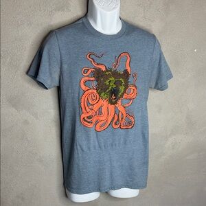 Graphic Gray T-Shirt with Bear and Octopus Design